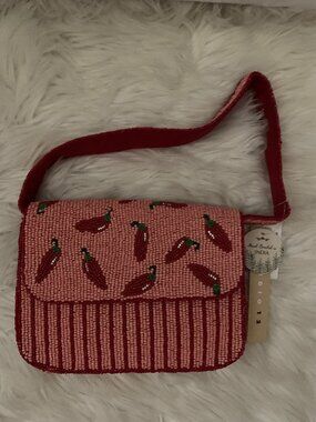STUDIO 12 Red Hot Chili Peppers Striped Seed Beaded Clutch Bag in Red/Pink